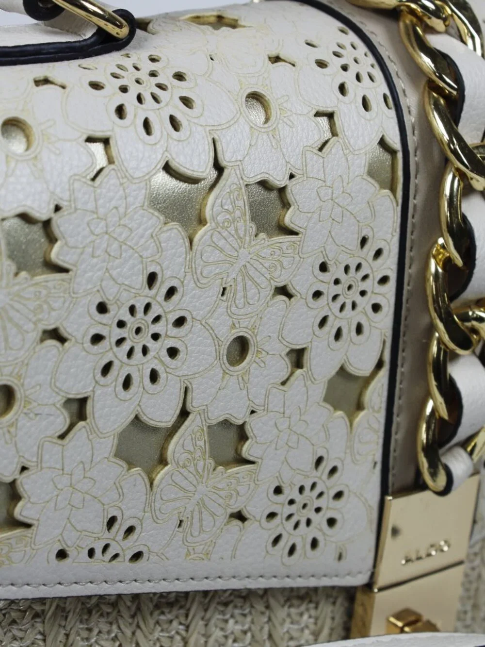 Aldo Beige Satchel Bag with Laser-Cut Floral Flap and Gold Chain